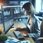 A digital marketer diligently applying SEO strategies, analyzing data on a computer screen in a modern office, surrounded by analytics tools, charts, and graphs highlighting site performance and keyword trends. The image must be natural, realistic, in 2018, style raw, 8K, taken on iPhone, --ar 16:9